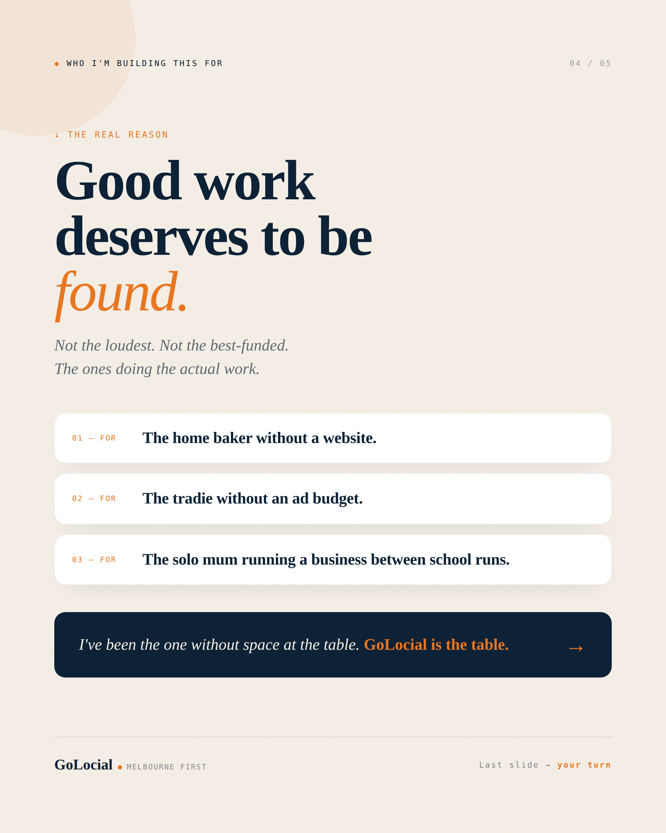 Slide 4 of 5 — Good work deserves to be found. Not the loudest. Not the best-funded. The ones doing the actual work — the home baker without a website, the tradie without an ad budget, the solo mum running a business between school runs.