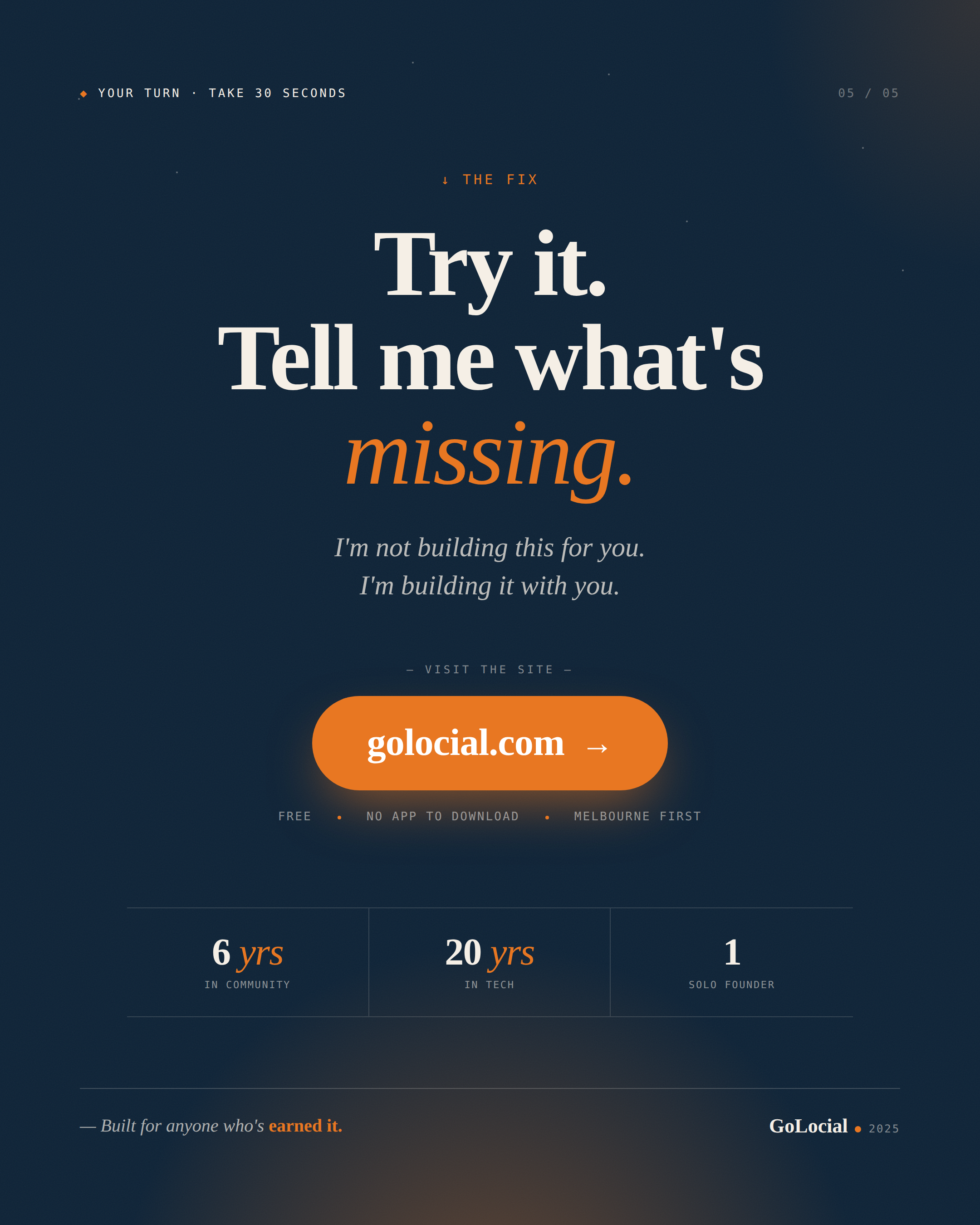 Slide 5 of 5 — Try it. Tell me what's missing. I'm not building this for you. I'm building it with you. Free. No app to download. Melbourne first.